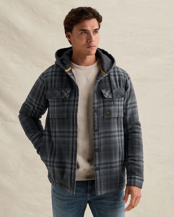 Overshirt with check pattern and quilted hood – Grey Comfort Denim – Overshirts | PME LEGEND