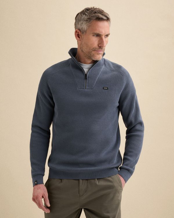 Pullover with half-zip and allover rib texture – Black Indigo – Pullovers | VANGUARD