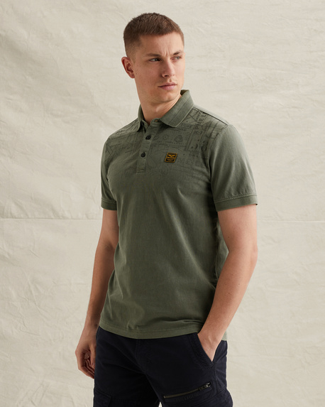 Polo shirt with garment-dye wash and print