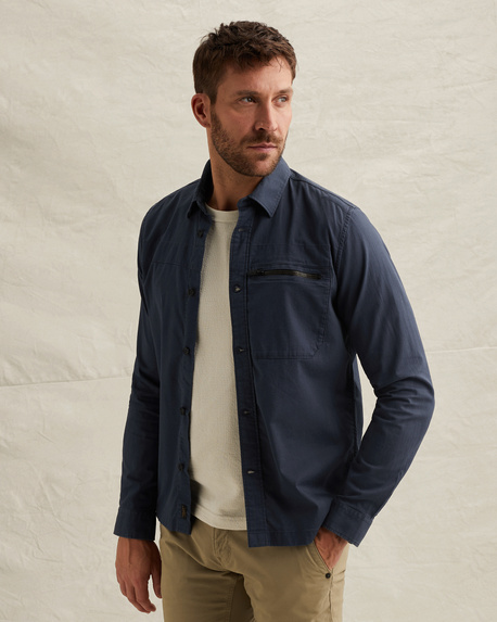 Shirt jacket with button closure and chest pocket