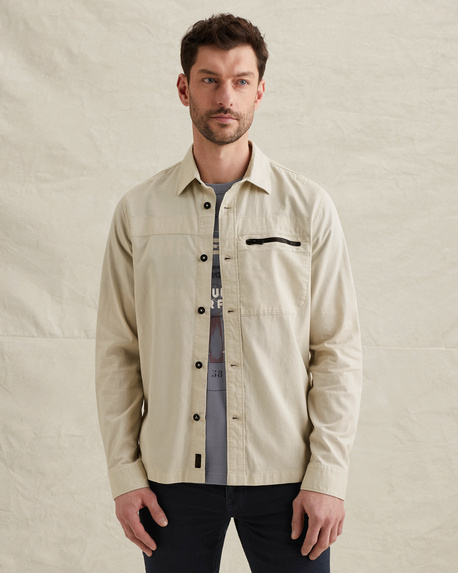 Shirt jacket with button closure and chest pocket